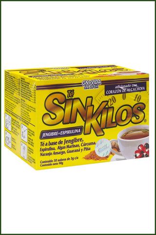 TÉ SIN KILOS C/30 SOBRES DE 3 GR C/U.  TÉ A BASE DE JENGIBRE , ESPIRULINA, ALGAS MARINAS, CÚRCUMA, NARANJO AMARGO, GUARANÁ Y PIÑA. ADICIONADO CON CORAZÓN DE ALCACHOFA.