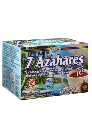 TÉ 7 AZAHARES C/30 SOBRES DE 3GR C/U. TÉ A BASE DE AZAHAR, MANITA, TILA, TORONJIL, VALERIANA, ESPINO BLANCO Y TÉ DE LIMÓN. CERTIFICADO DE CALIDAD HARPC.
