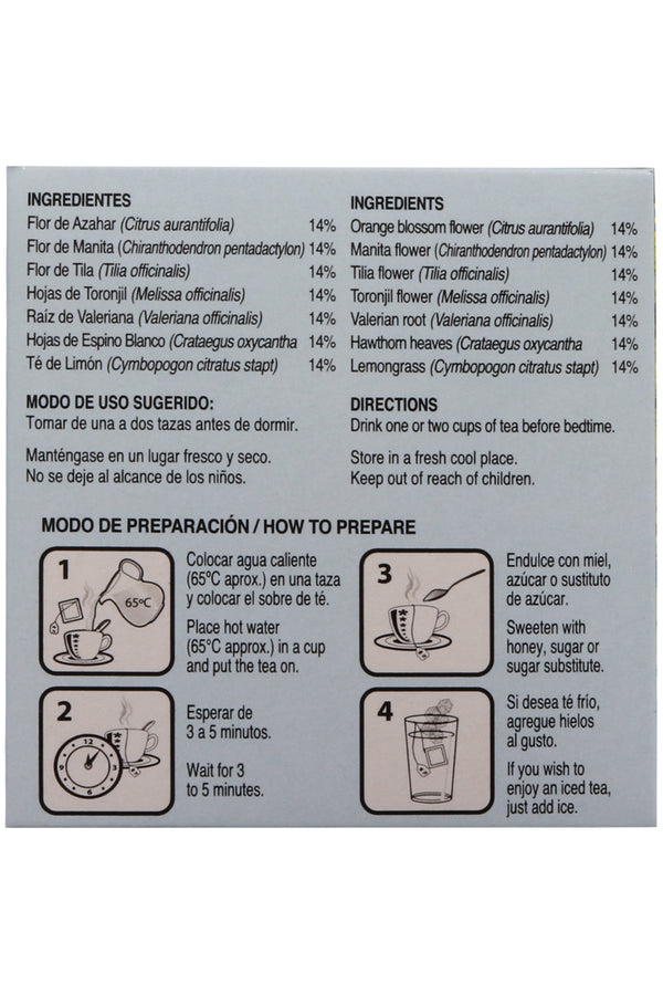 TÉ 7 AZAHARES C/30 SOBRES DE 3GR C/U. TÉ A BASE DE AZAHAR, MANITA, TILA, TORONJIL, VALERIANA, ESPINO BLANCO Y TÉ DE LIMÓN. CERTIFICADO DE CALIDAD HARPC.