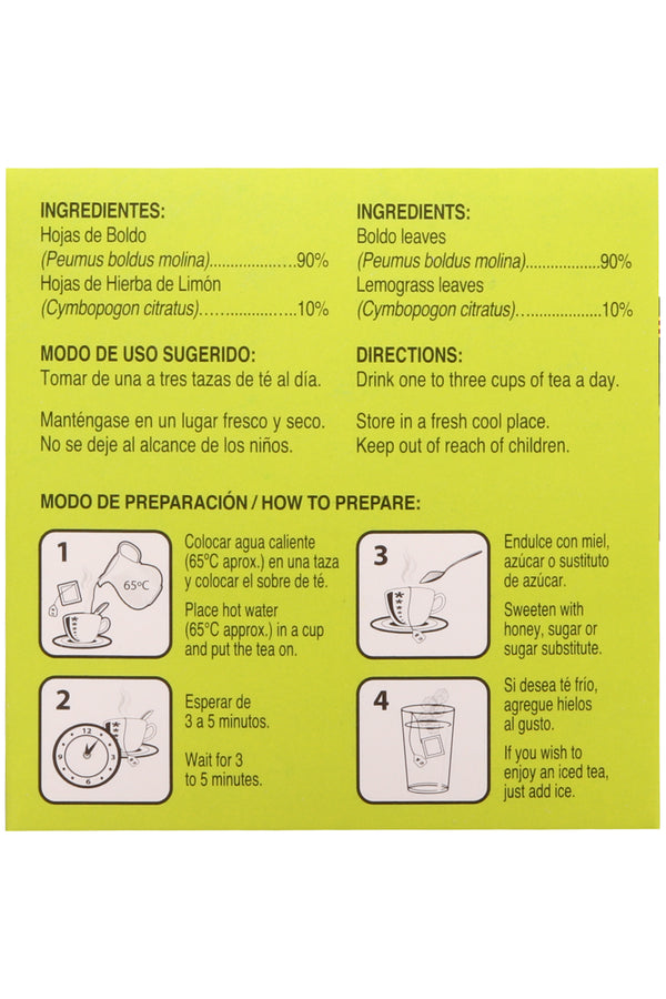 TÉ BOLDO CON TÉ DE HIERBA DE LIMÓN C/30 SOBRES DE 3GR C/U. CERTIFICADO DE CALIDAD HARPC.