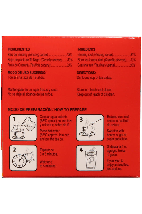 TÉ RAÍZ DE GINSENG, TÉ NEGRO Y FRUTO DE GUARANÁ C/30 SOBRES 3 GR C/U. CERTIFICADO DE CALIDAD HARPC.