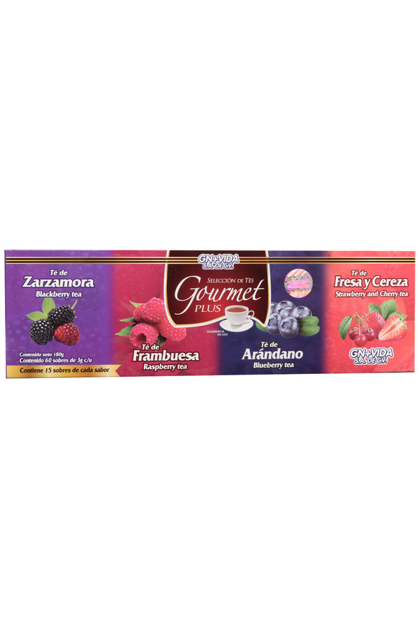 TÉ GOURMET PLUS C/60 SOBRES DE 3 G C/U. CON 15 SOBRES DE CADA SABOR ZARZAMORA, FRAMBUESA, ARÁNDANO Y  FRESA-CEREZA. CERTIFICADO DE CALIDAD HARPC.