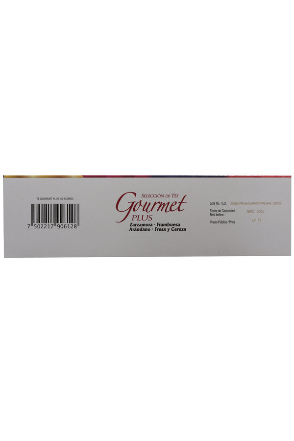 TÉ GOURMET PLUS C/60 SOBRES DE 3 G C/U. CON 15 SOBRES DE CADA SABOR ZARZAMORA, FRAMBUESA, ARÁNDANO Y  FRESA-CEREZA. CERTIFICADO DE CALIDAD HARPC.