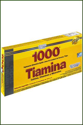 AMP. TIAMINA 1000 SOLUCIÓN INGERIBLE C/10 AMP. DE 10 ML. LEVADURA DE CERVEZA, TRIGO, CAFEÍNA, VITAMINAS Y MIENRALES
