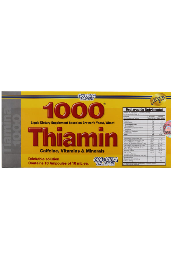 AMP. TIAMINA 1000 SOLUCIÓN INGERIBLE C/10 AMP. DE 10 ML. LEVADURA DE CERVEZA, TRIGO, CAFEÍNA, VITAMINAS Y MIENRALES