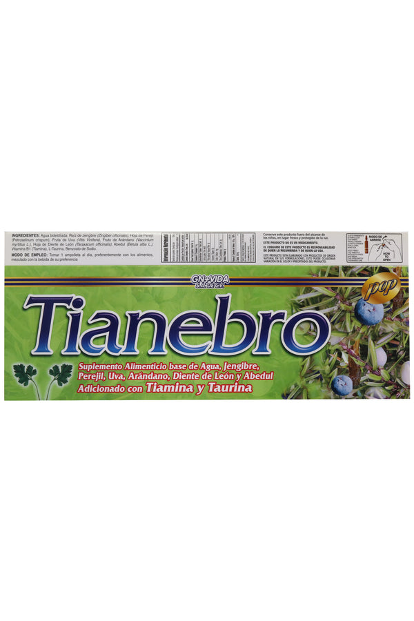 AMP. TIANEBRO SOLUCIÓN INGERIBLE C/10 AMP. DE 10 ML. JENGIBRE, PEREJIL, UVA, ARÁNDANO,DIENTE DE LEÓN Y ABEDUL,  ADICIONADO CON TIAMINA Y TAURINA.