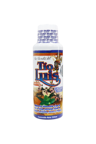 JARABE LOS SECRETOS DEL TIO LUIS ADULTO 250ML. A BASE DE MIEL DE ABEJA, EXTRACTOS FLUIDOS DE EUCALIPTO, GORDOLOBO, MENTA Y PROPÓLEO. ADICIONADO CON VITAMINA C.
