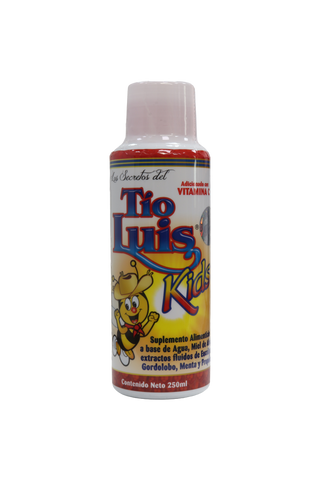 JARABE LOS SECRETOS DEL TIO LUIS KIDS 250ML. A BASE DE MIEL DE ABEJA, EXTRACTOS FLUIDOS DE EUCALIPTO, GORDOLOBO, MENTA Y PROPÓLEO. ADICIONADO CON VITAMINA C.