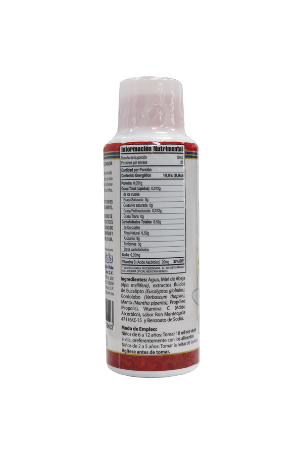 JARABE LOS SECRETOS DEL TIO LUIS KIDS 250ML. A BASE DE MIEL DE ABEJA, EXTRACTOS FLUIDOS DE EUCALIPTO, GORDOLOBO, MENTA Y PROPÓLEO. ADICIONADO CON VITAMINA C.