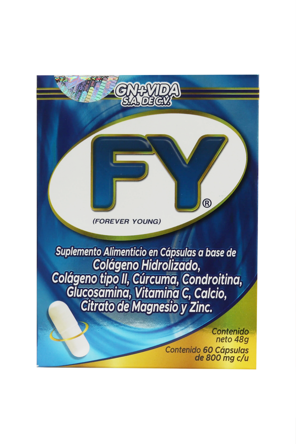 CAPS. FY FOREVER YOUNG C/60 DE 800 MG C/U. A BASE DE COLÁGENO HIDROLIZADO, COLÁGENO TIPO II, CÚRCUMA, CONDROITINA, GLUCOSAMINA, VITAMINA C, CALCIO, CITRATO DE MAGNESIO Y ZINC.