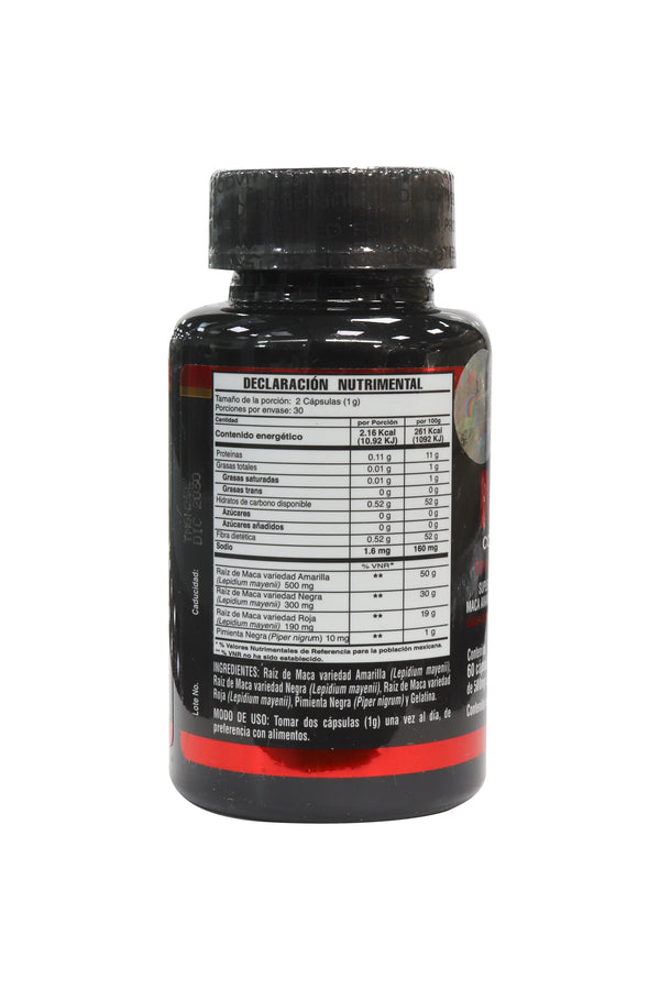 CAPS. TRIPLE MACA CON PIMIENTA NEGRA C/60 DE 500 MG. A BASE DE MACA AMARILLA, MACA ROJA, MACA NEGRA Y PIMIENTA NEGRA.
