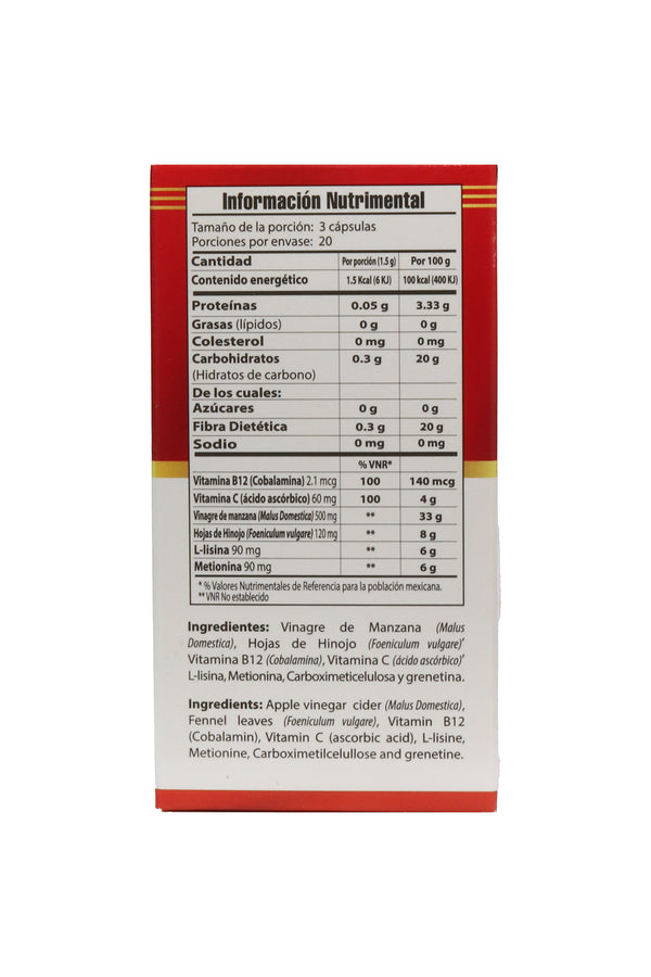 CAPS. VINAGRE DE MANZANA, HINOJO, VITAMINAS Y AMINOÁCIDOS C/60 DE 530 MG C/U. FORMULA MEJORADA UNISEX, NUEVA IMAGEN.