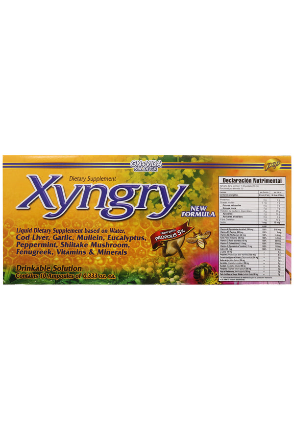 AMP. XYNGRY SOLUCION INGERIBLE C/10AMP. DE 10 ML C/U. HIGADO DE BACALAO, AJO, GORDOLOBO, EUCALIPTO, HIERBABUENA, HONGO SHITAKE, FENOGRECO, VITAMINAS Y MINERALES; AHORA CON PROPOLEO 5%