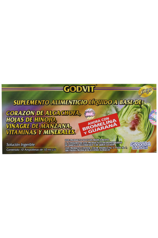 AMP. CORAZÓN DE ALCACHOFA SOLUCIÓN INGERIBLE C/10 AMP. DE 10 ML C/U. CORAZÓN DE ALCACHOFA, HOJAS DE HINOJO, VINAGRE DE MANZANA, VITAMINAS Y MINERALES. AHORA CON BROMELINA Y GUARANA