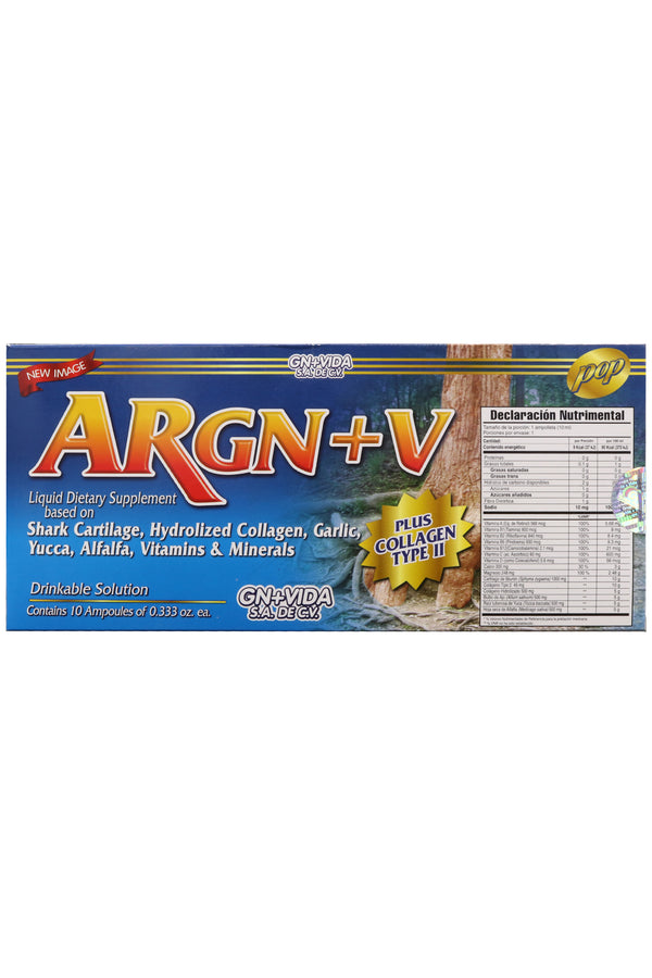 AMP. ARGN+V SOLUCIÓN INGERIBLE C/10 AMP. DE 10 ML C/U.  CARTÍLAGO DE TIBURÓN, COLÁGENO HIDROLIZADO, AJO, FENOGRECO, YUCCA, ALFALFA, VITAMINAS Y MINERALES. ADICIONADO CON COLÁGENO TIPO II.
