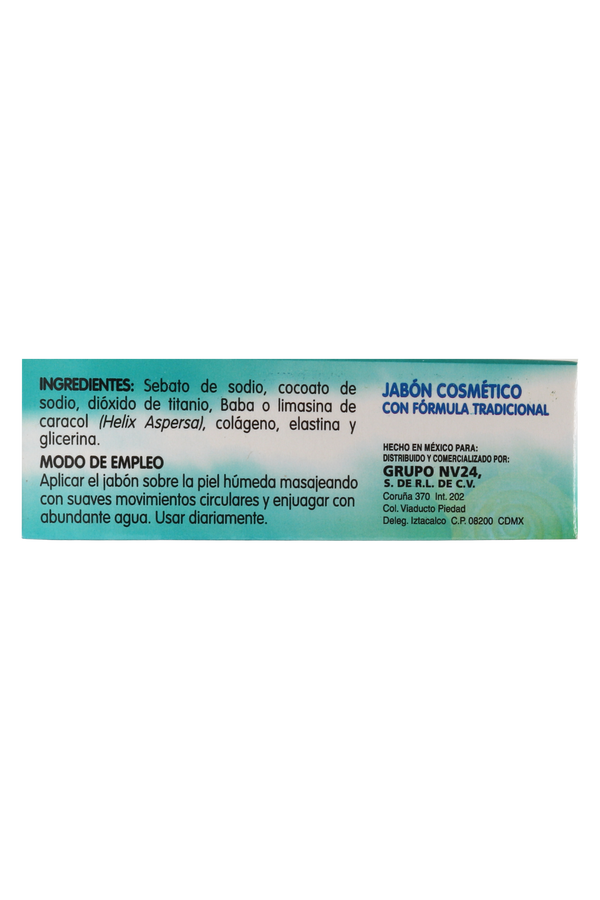 JABÓN CÓSMETICO A BASE DE DE BABA DE CARACOL, CÓLAGENO, ELASTINA Y GLICERINA C/90 GR. JABÓN COSMÉTICO CON FORMULA TRADICIONAL.