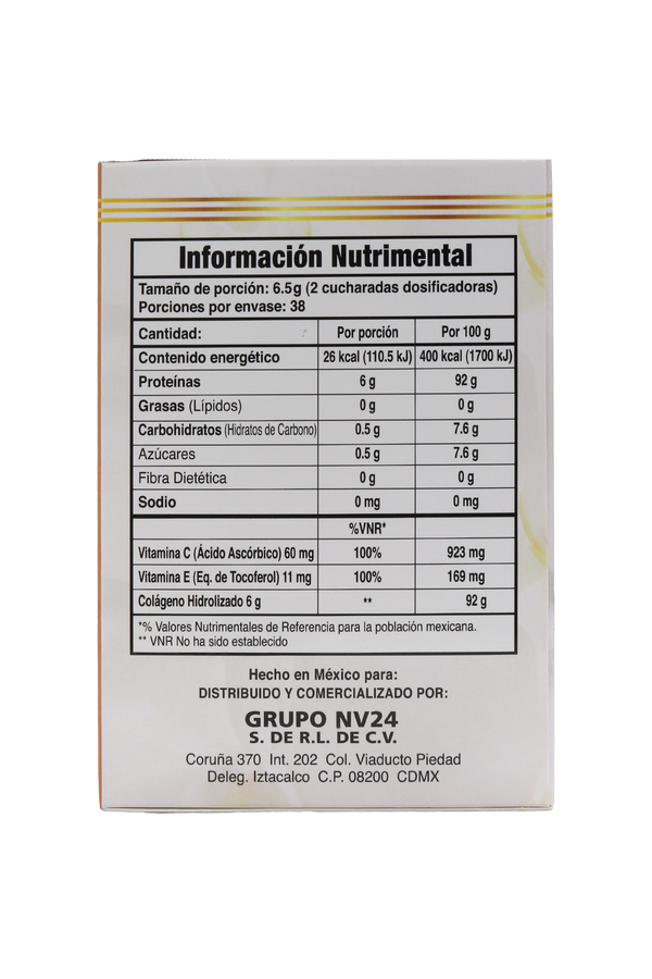 POLVO PARA PREPARAR BEBIDA CON COLAGENO HIDROLIZADO CON VITAMINA E Y VITAMINA C  C/250 GR. SABOR NARANJA. NUEVA IMAGEN.