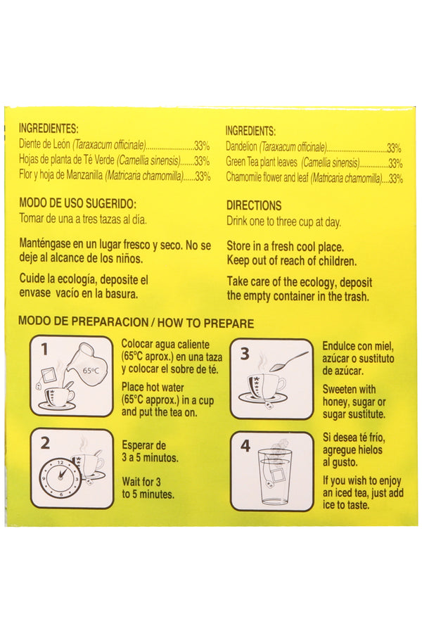TÉ DE DIENTE DE LEÓN + TÉ VERDE Y MANZANILLA C/30 SOBRES DE 3GR C/U. CERTIFICADO DE CALIDAD HARPC.
