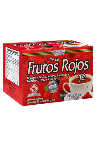 TÉ FRUTOS ROJOS C/30 SOBRES DE 3 GR C/U.  TÉ A BASE DE ZARZAMORA, FRAMBUESA, ARÁNDANO, FRESA Y CEREZA. CERTIFICADO DE CALIDAD HARPC.