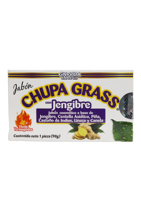 JABON CHUPAGRASS CON JENGIBRE  C/90 GR. JABÓN COSMÉTICO A BASE DE JENGIBRE, CENTELLA ASIÁTICA, PIÑA, CASTAÑO DE INDIAS, LINAZA Y CANELA. EFECTO TERMOGÉNICO.