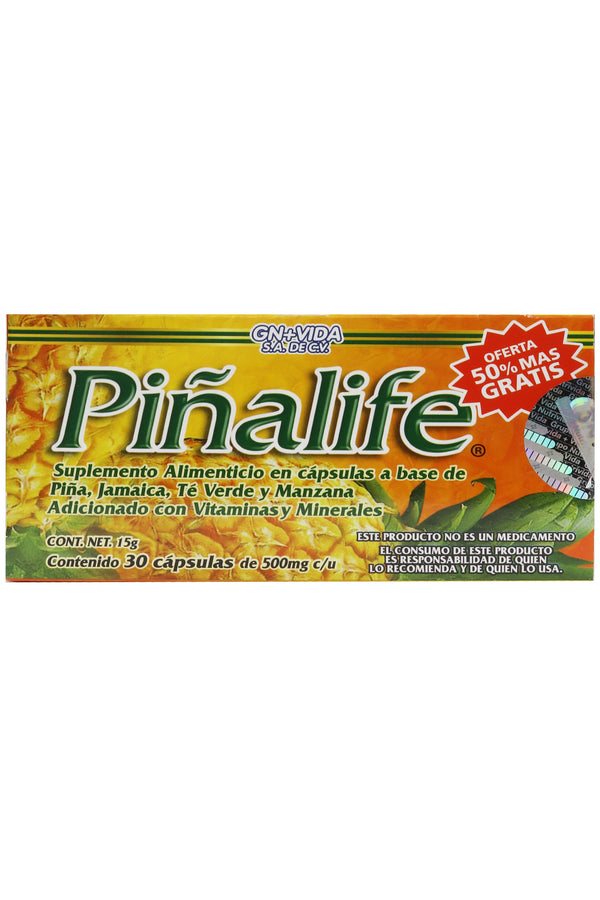CAPS. PIÑALIFE C/30 DE 500 MG C/U + ¡OFERTA 50% MÁS GRATIS!. A BASE DE PIÑA, JAMAICA, TÉ VERDE, MANZANA, VITAMINAS Y MINERALES.