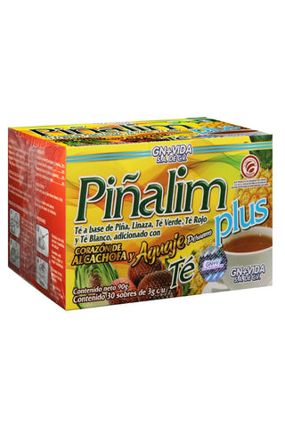 TÉ PIÑALIM PLUS C/30 SOBRES DE 3 GR C/U . TÉ A BASE DE PIÑA, LINAZA, TÉ VERDE, TÉ ROJO Y TÉ BLANCO. ADICIONADO CON CORAZÓN DE ALCACHOFA Y AGUAJE PERUANO. CERTIFICADO DE CALIDAD HARPC.