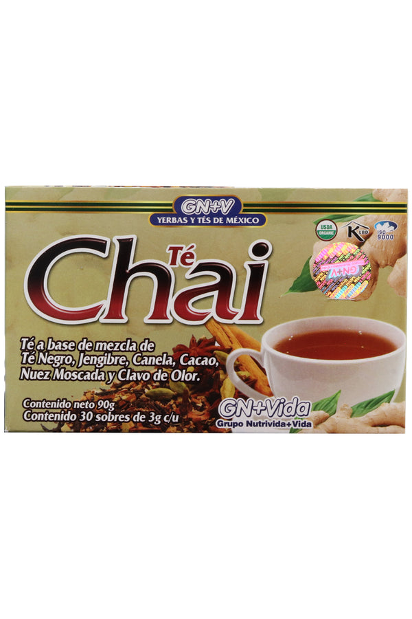 TÉ CHAI C/30 SOBRES DE 3GR C/U. TÉ A BASE DE MEZCLA DE TÉ NEGRO, JENGIBRE, CANELA, CACAO, NUEZ MOSCADA Y CLAVO DE OLOR. CERTIFICADO DE CALIDAD HARPC.