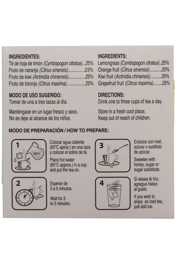 TÉ CÍTRICOS C/30 SOBRES DE 3GR C/U. TÉ A BASE DE HIERBA DE TÉ LIMÓN, NARANJA, KIWI Y TORONJA. CERTIFICADO DE CALIDAD HARPC.