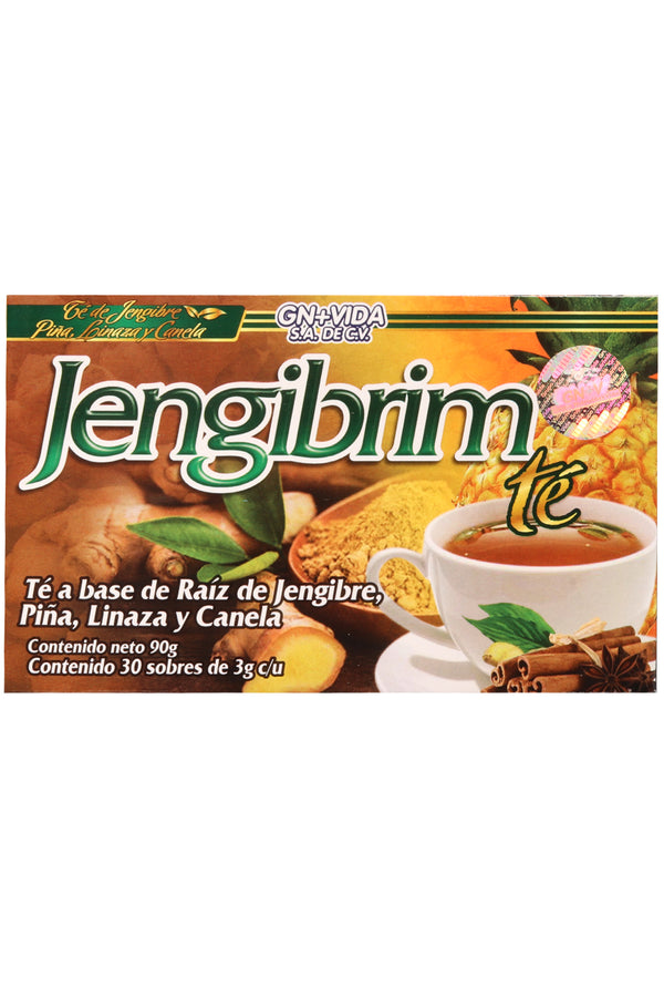 TÉ JENGIBRIM C/30 SOBRES DE 3GR C/U. TÉ A BASE DE RAÍZ DE JENGIBRE. PIÑA, LINAZA Y CANELA.
