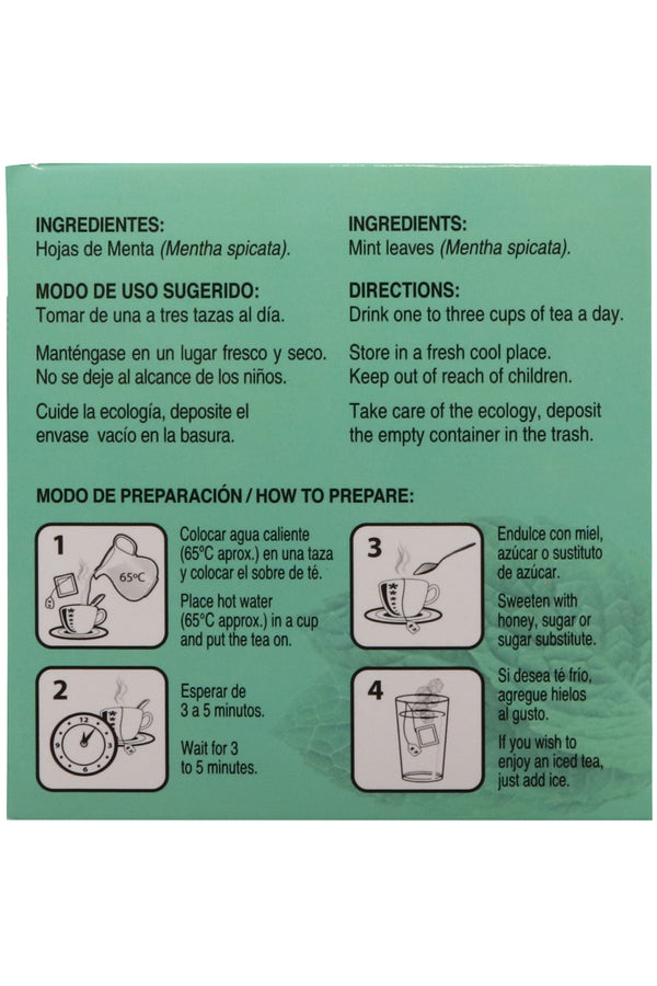 TÉ DE MENTA C/30 SOBRES DE 3GR C/U. TÉ A BASE DE MENTHA SPICATA. CERTIFICADO DE CALIDAD HARPC.
